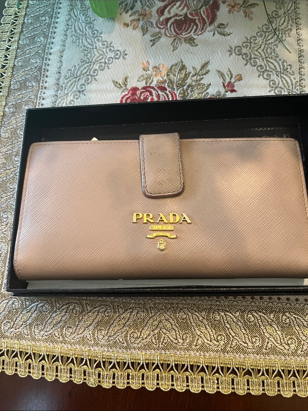 Prada Beige Saffiano Leather Continental Wallet with Gold Logo
